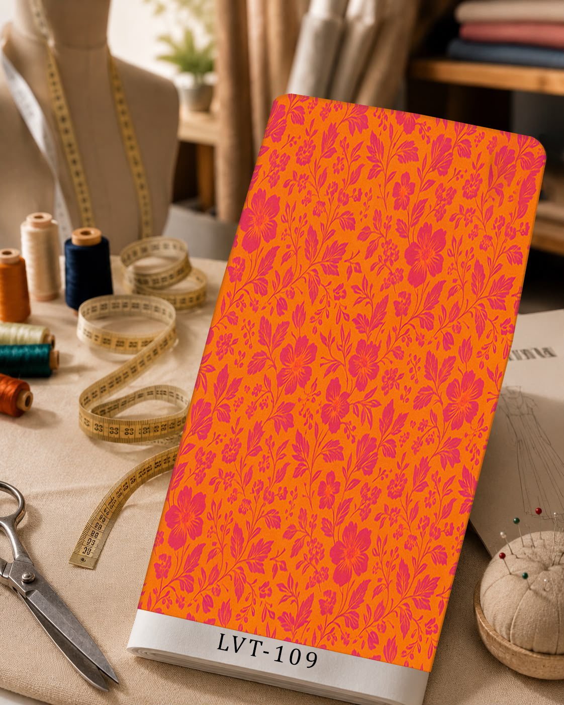 LVT-109 Vibrant pink floral and leafy pattern on a bold orange background. - الصورة 1