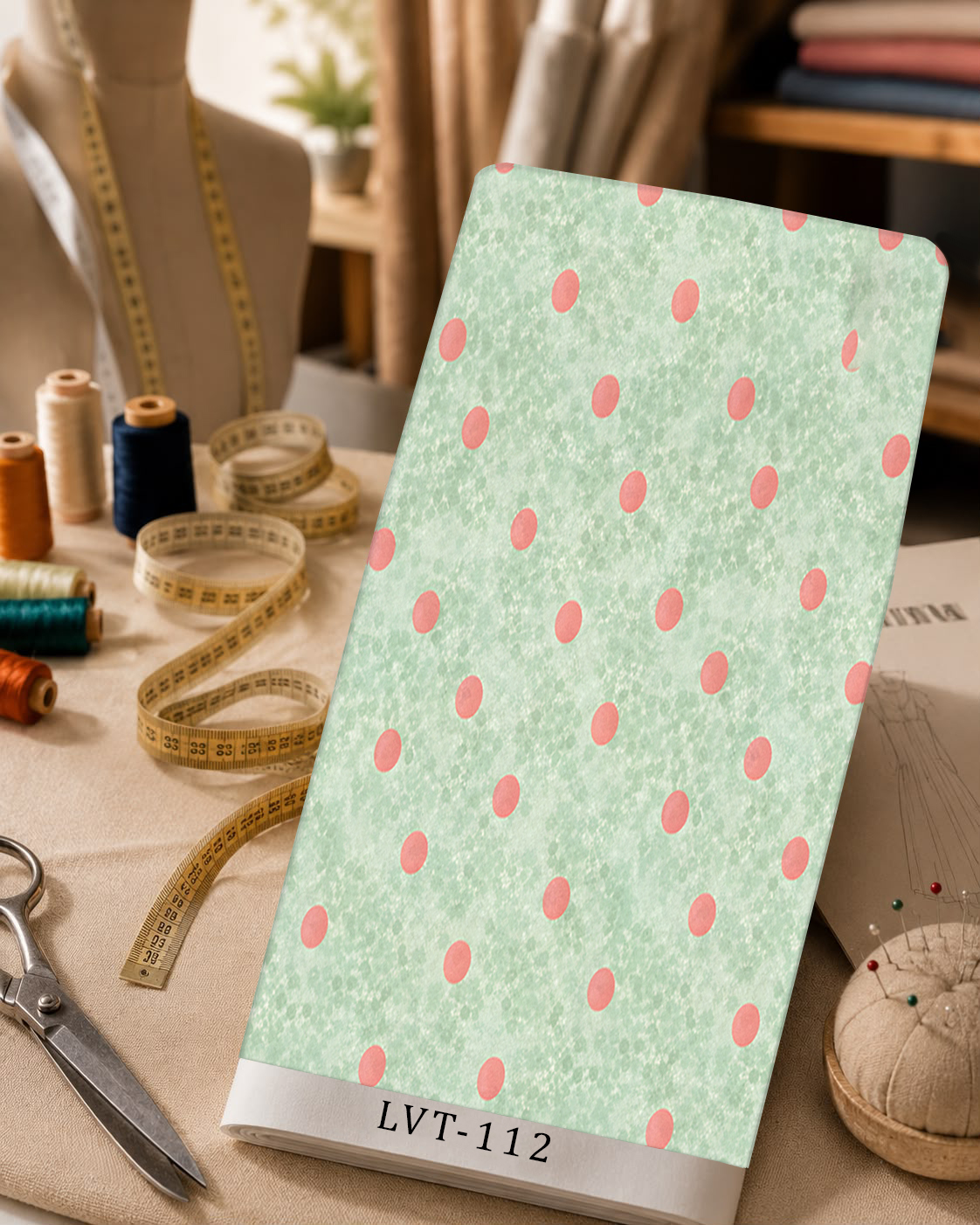 LVT-112 Coral polka dots on a soft mint-green textured background. - Image 1