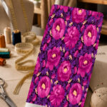 Bold magenta and purple floral print on a deep dark background.