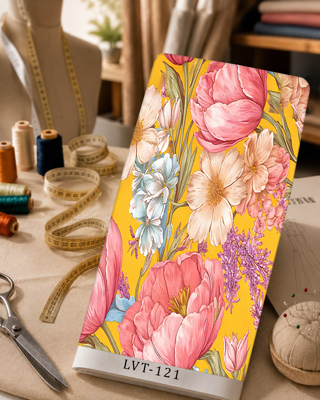 LVT-121 Large pink, peach, and soft blue flowers on a vibrant yellow background. - الصورة 1