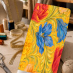 Bold blue, red, and yellow flowers with flowing green leaves on a vibrant golden-yellow background.