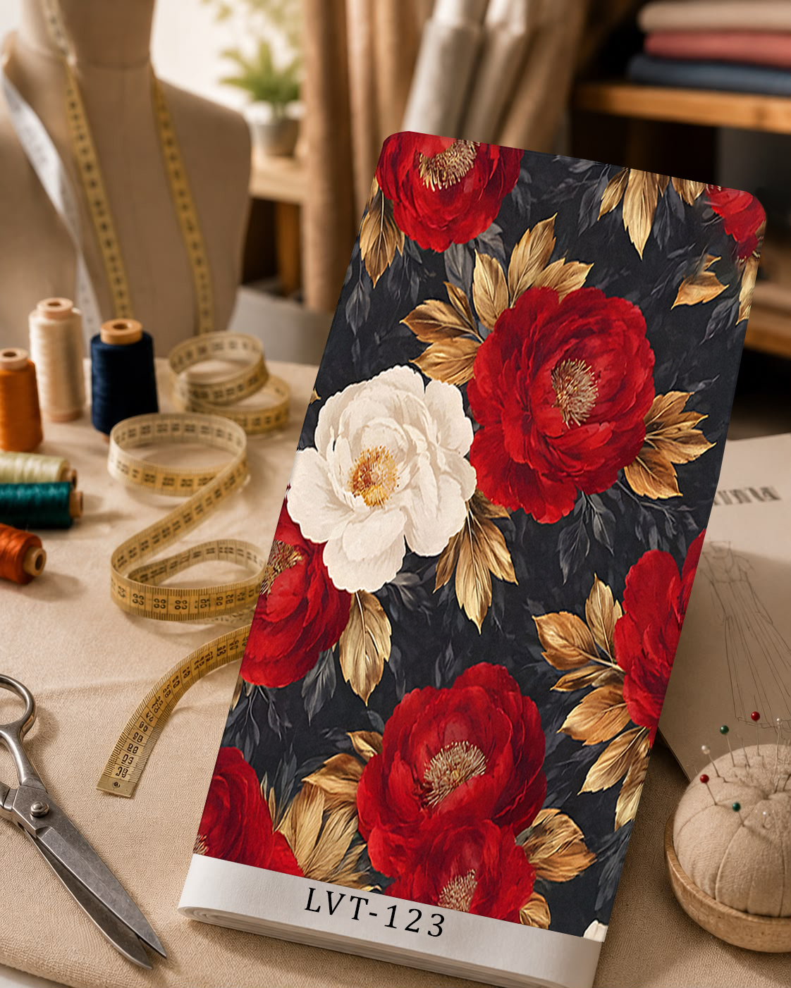 LVT-123 Elegant red and ivory flowers with golden leaves on a deep black background. - Image 1