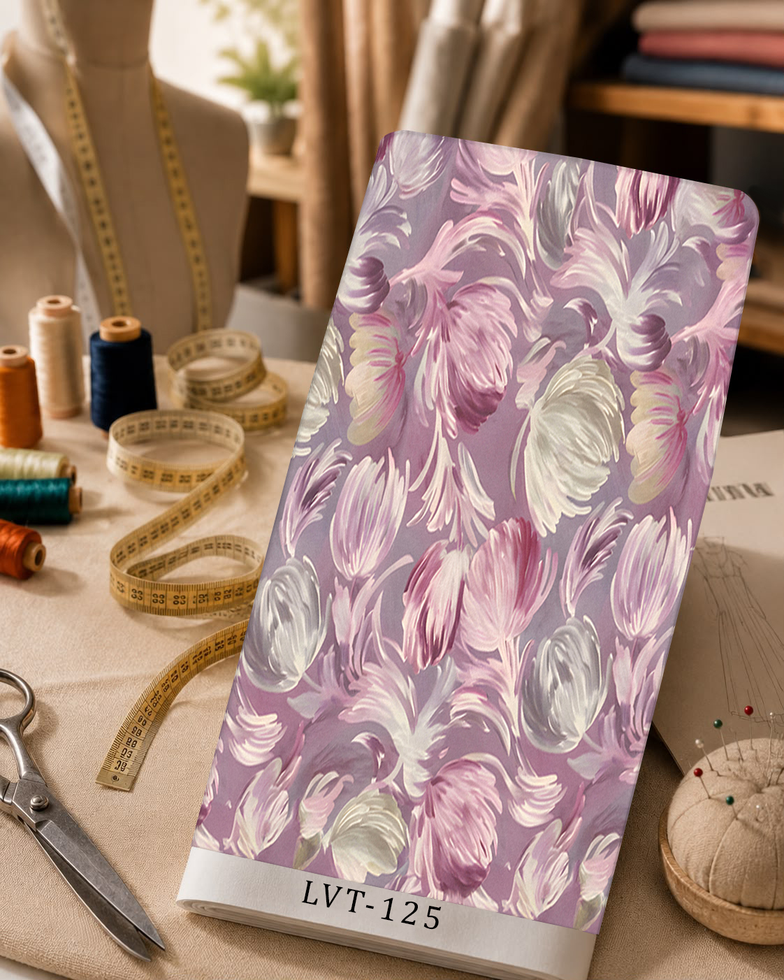 LVT-125 Soft pink, ivory, and silver botanical motifs on a muted lavender background. - الصورة 1
