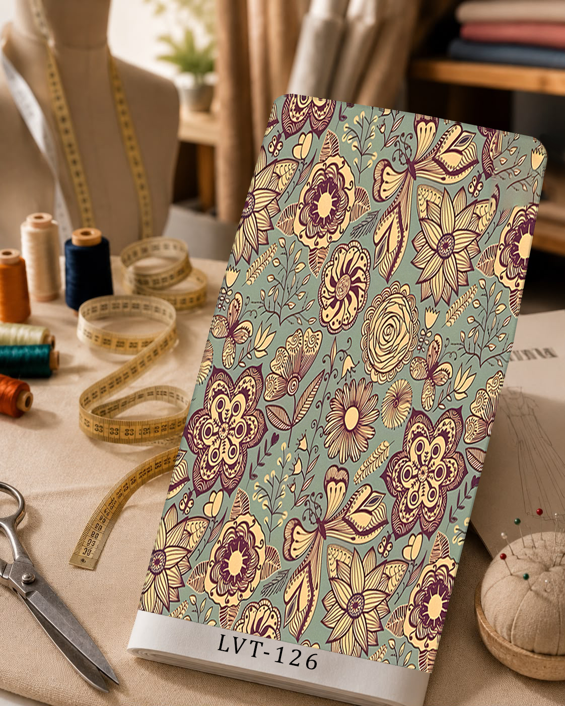 LVT-126 Vintage floral and butterfly motifs in cream and deep plum on a soft sage green background. - Image 1