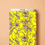 Bold botanical line-art print featuring expressive purple flowers and flowing stems on a vibrant yellow background.