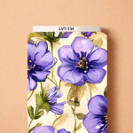 Elegant watercolor floral print featuring large violet and lavender blossoms with soft olive and beige foliage on a warm cream background.