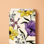 Elegant floral print featuring bold purple and yellow blossoms with delicate pink and white flowers on a soft cream background.