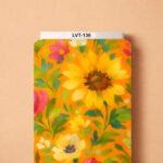 Vibrant painterly floral print featuring large golden-yellow blooms, pink accents, and lush green foliage on a bright orange background.