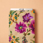 Elegant floral design featuring rich purple and magenta blossoms, golden-orange accent flowers, and green foliage over a warm beige background.
