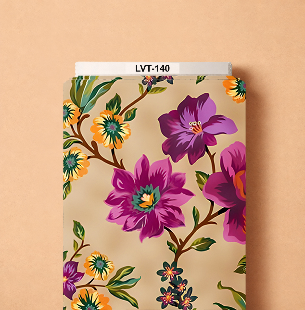 LVT-140 Elegant floral design featuring rich purple and magenta blossoms, golden-orange accent flowers, and green foliage over a warm beige background. - الصورة 1