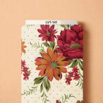 Elegant floral design featuring large burgundy-red and warm orange blossoms with olive-green foliage and delicate black dots over a soft ivory background.