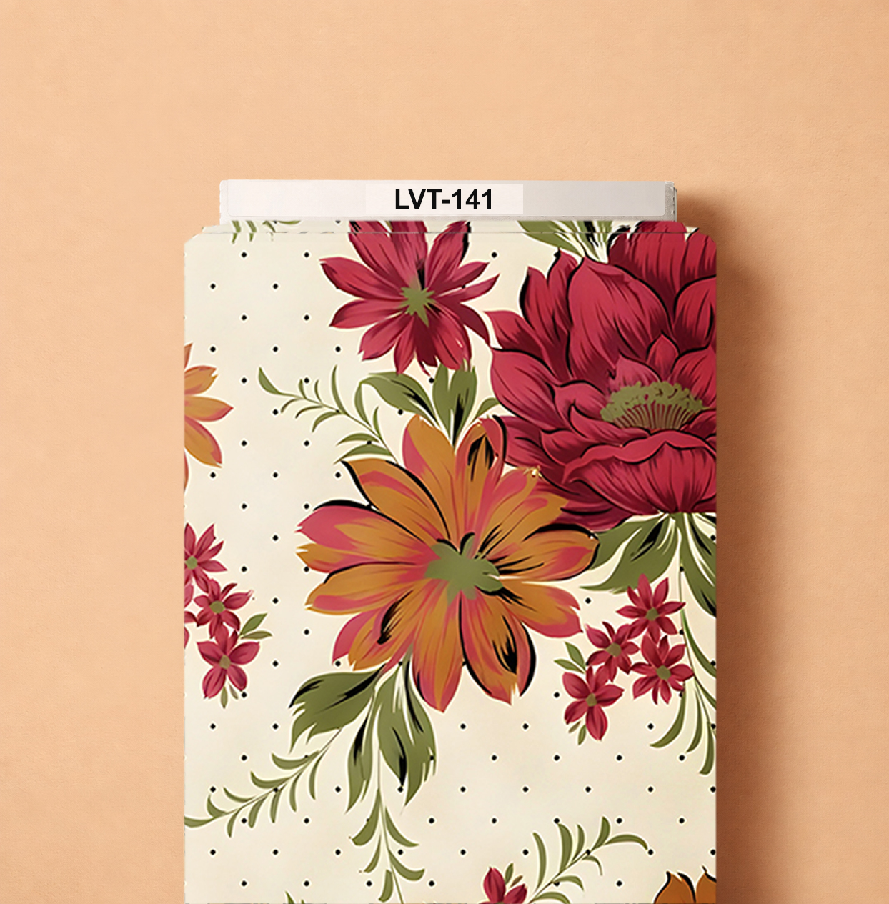 LVT-141 Elegant floral design featuring large burgundy-red and warm orange blossoms with olive-green foliage and delicate black dots over a soft ivory background. - الصورة 1