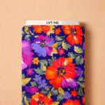 Vibrant floral design featuring bold orange, red, purple, and magenta blossoms with soft green foliage over a deep navy-blue background.