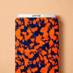 Bold botanical design featuring vivid orange floral and leafy silhouettes over a deep navy-blue background.
