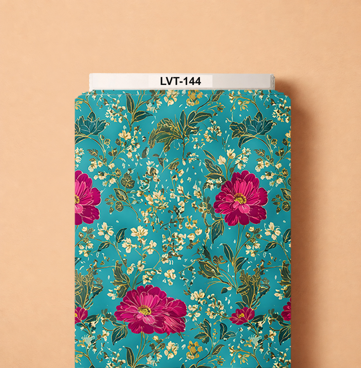 LVT-144 Elegant floral design featuring rich magenta blossoms, delicate ivory flowers, and graceful dark-green foliage over a vibrant turquoise background. - Image 1