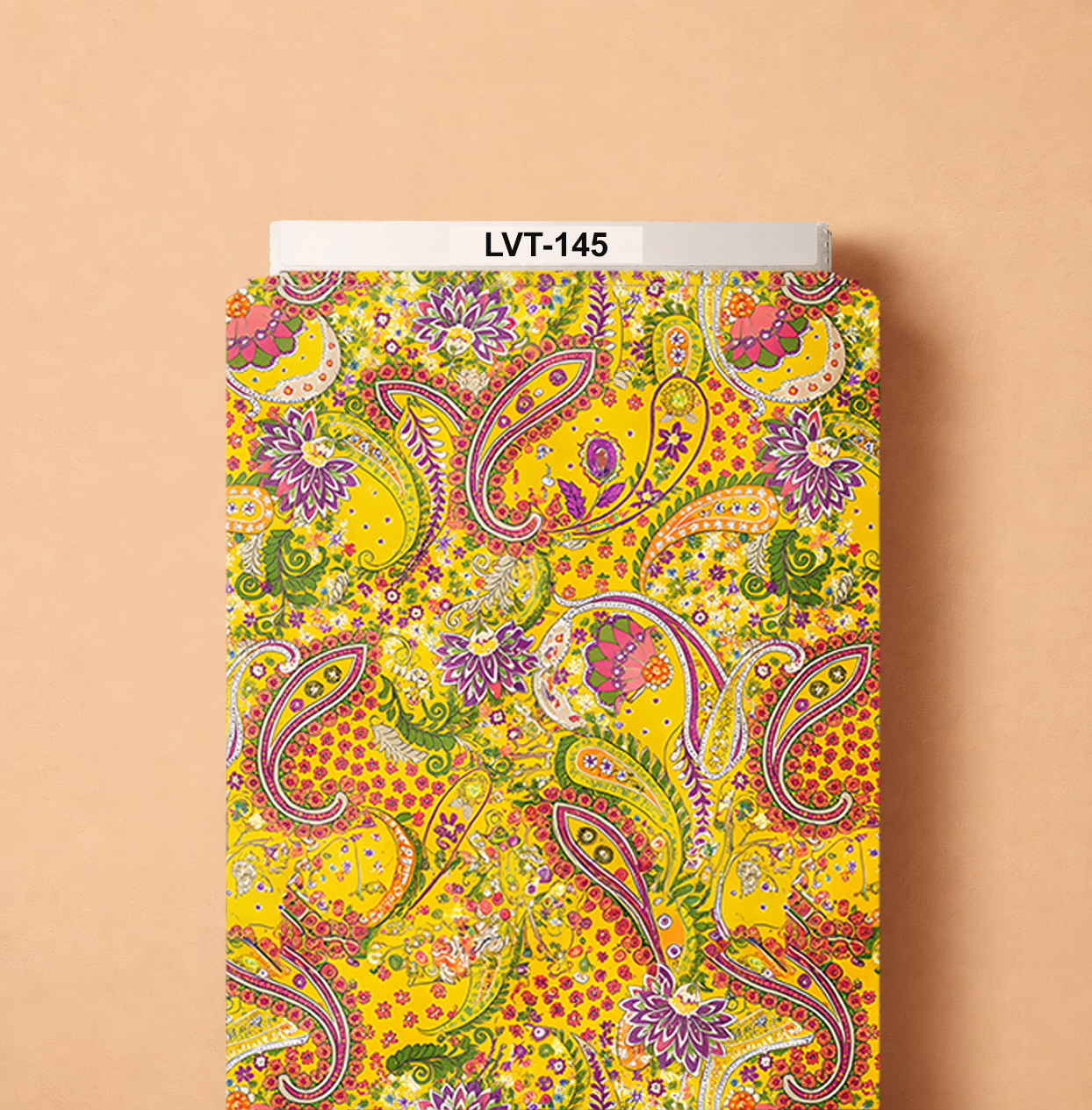 LVT-145 Vibrant paisley design featuring intricate ornamental motifs in pink, purple, orange, green, and ivory over a bright golden-yellow background. - Image 1