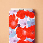 Bold oversized red blossoms layered with soft blue and lavender flowers on a clean white background, creating a vibrant modern floral design.