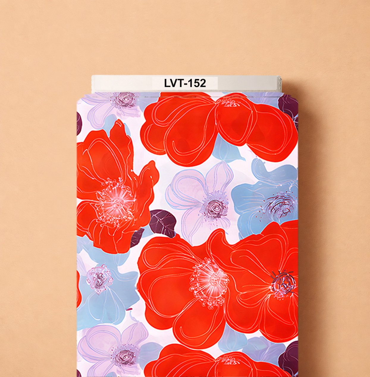 LVT-152 Bold oversized red blossoms layered with soft blue and lavender flowers on a clean white background, creating a vibrant modern floral design. - Image 1