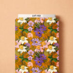 Vibrant botanical floral design featuring purple, pink, white, and yellow blossoms with rich green foliage on a warm orange background.
