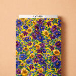 Vibrant floral design featuring rich purple, violet, and golden-yellow blossoms with lush green foliage on a bright yellow background.