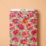 Rich painterly floral design featuring layered pink, magenta, coral, and red blossoms with muted green foliage on a warm cream background.