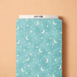 Charming celestial design featuring ivory crescent moons, scattered stars, and tiny dots across a soft sky-blue background.