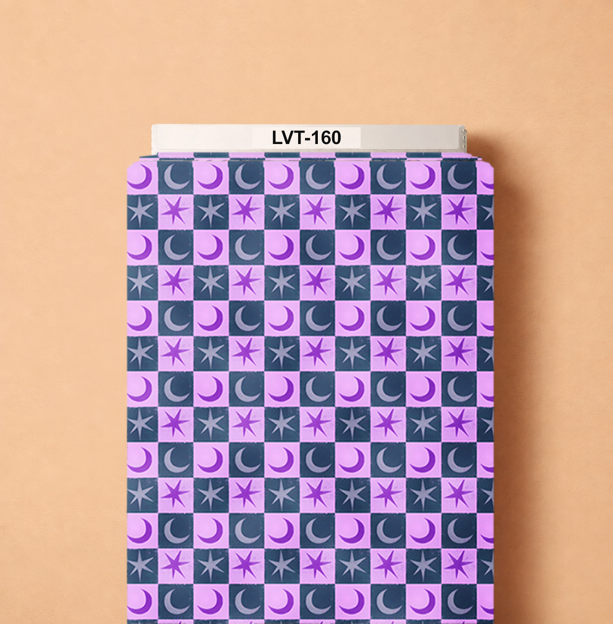 LVT-160 Retro celestial checkerboard design featuring alternating crescent moons and stars in vibrant purple, lavender, silver-gray, and deep navy tones. - Image 1