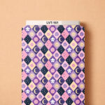 Playful celestial geometric design featuring moons, stars, suns, planets, and constellations arranged in a colorful diamond pattern of purple, pink, navy, and cream tones.
