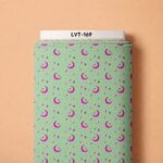 Pink crescent moons, tiny stars, and lanterns on a soft mint green background.