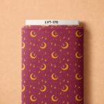 Golden crescent moons, tiny stars, and glowing lanterns on a rich burgundy background.