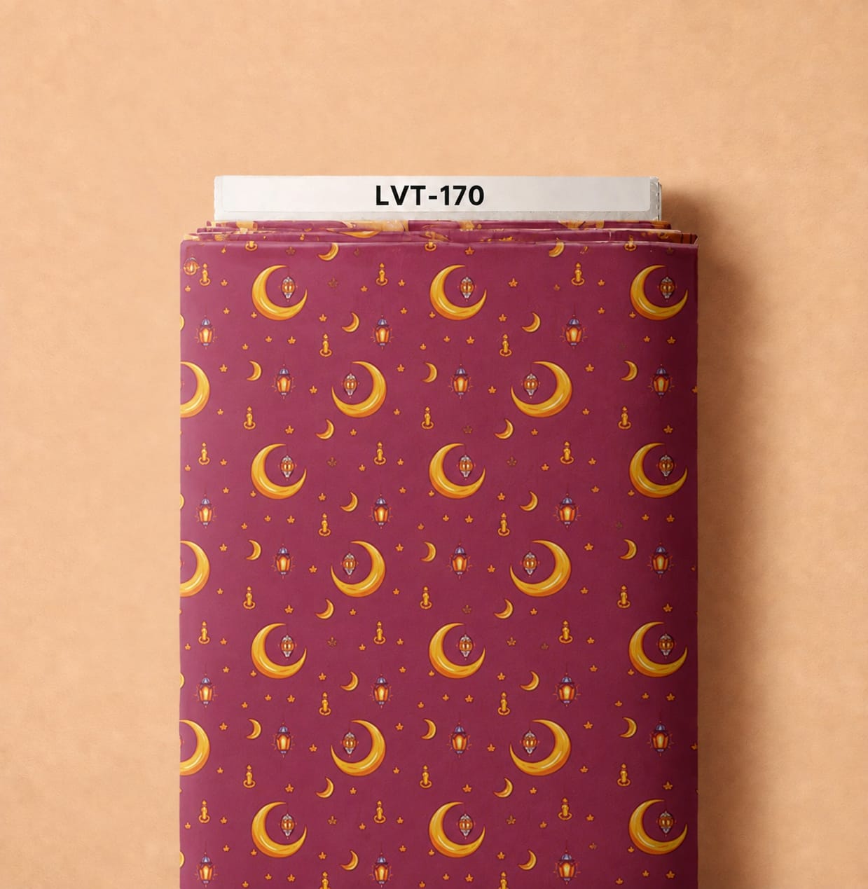 LVT-170 Golden crescent moons, tiny stars, and glowing lanterns on a rich burgundy background. - Image 1