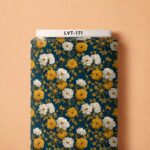Elegant mustard and ivory florals with delicate leafy branches on a deep teal-blue background.