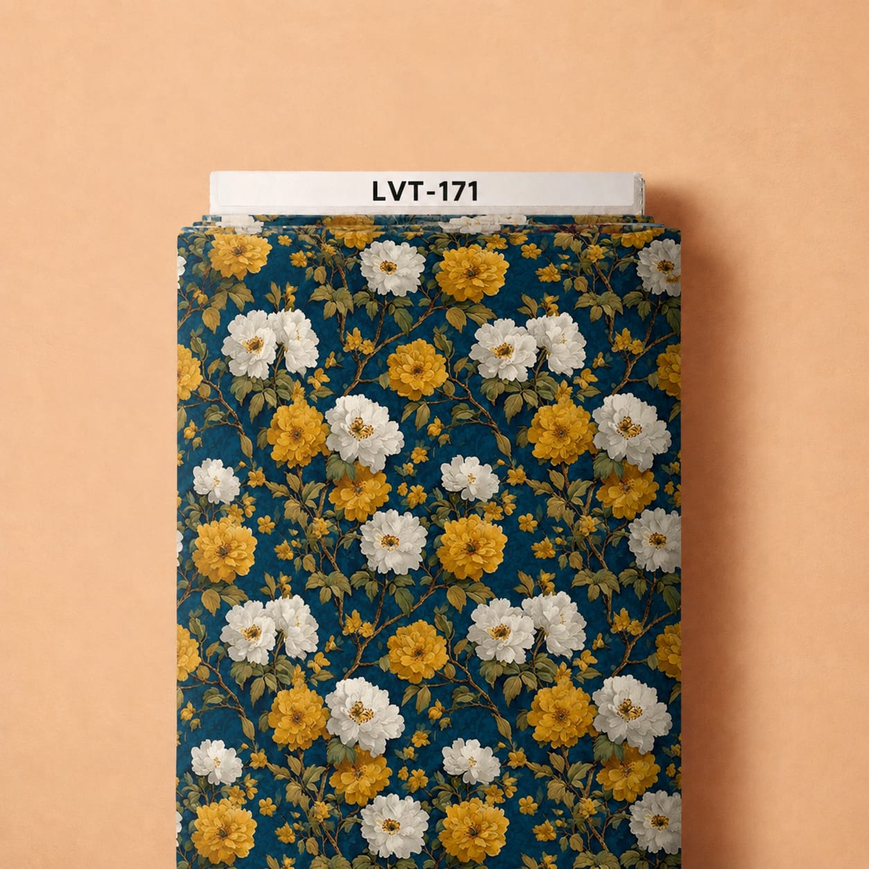 LVT-171 Elegant mustard and ivory florals with delicate leafy branches on a deep teal-blue background. - Image 1