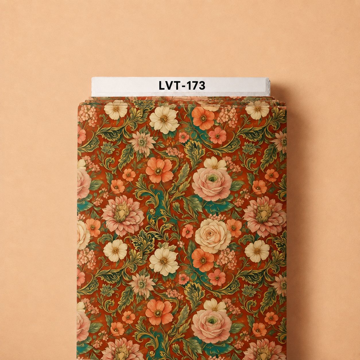 LVT-173 Ornate vintage florals with elegant green scrollwork on a rich rust-red background. - Image 1