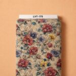 Vintage florals in burgundy, blue, and mustard over a soft textured beige background.