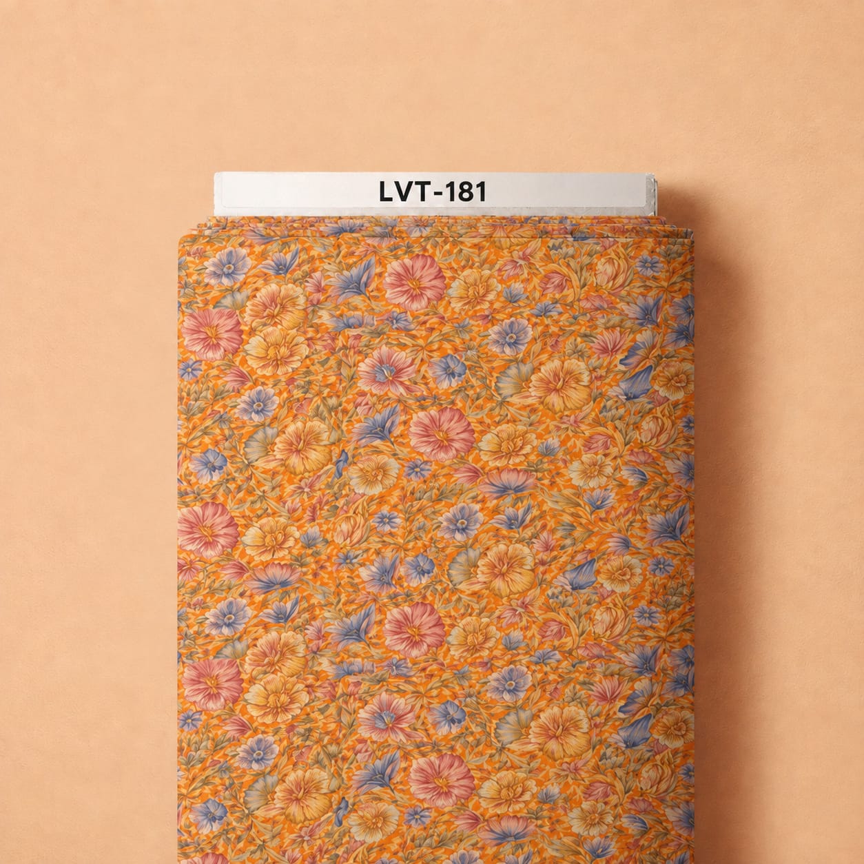 LVT-181 Soft pink, blue, and golden florals layered over a warm orange background. - الصورة 1