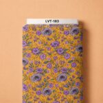 Purple florals and roses with leafy details over a rich golden-yellow background.
