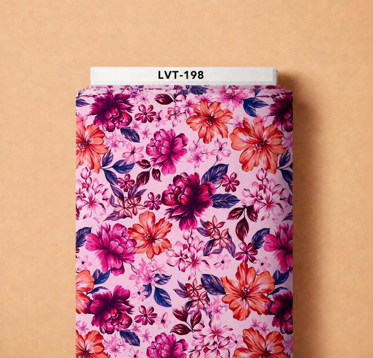 LVT-198 Bold magenta and orange florals with deep blue leaves on a soft pink background. - Image 1
