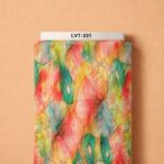 Flowing watercolor forms in coral, teal, yellow, and green with delicate layered linework.
