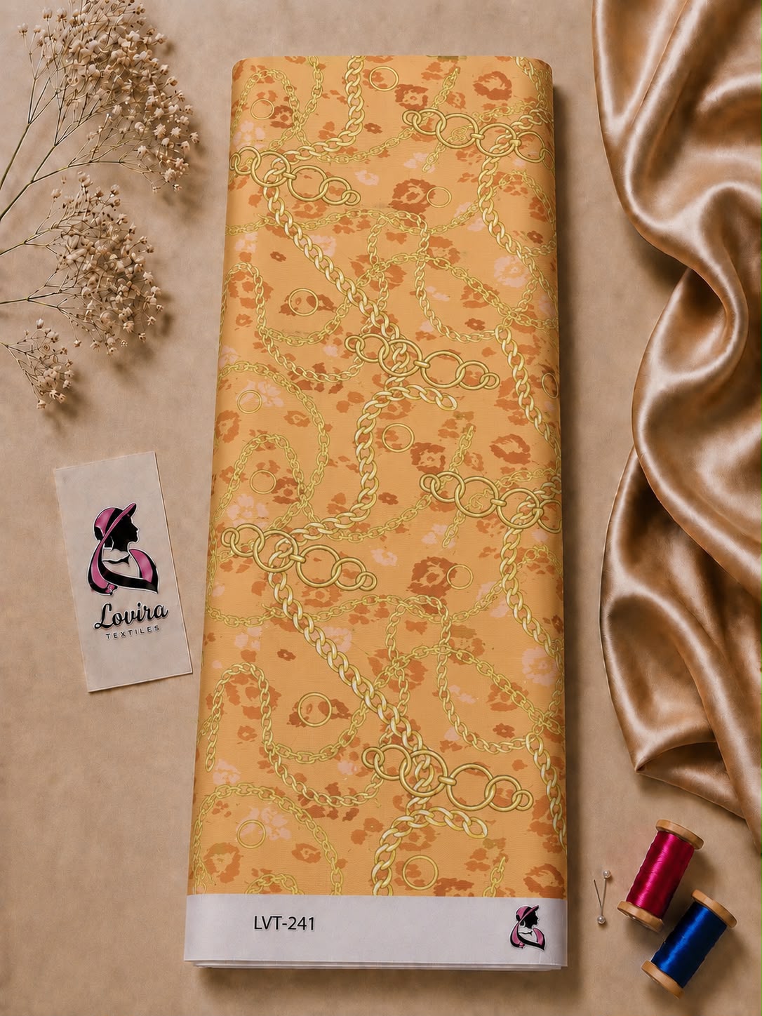 WhatsApp Image 2026-07-29 at 6.53.12 AM Premium printed silk fabric featuring elegant gold chain motifs on a warm apricot background-Italian Silk (ST01) - Image 1