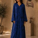 Deep royal blue denim fabric with a subtle tonal floral jacquard pattern-Demin D Blue
