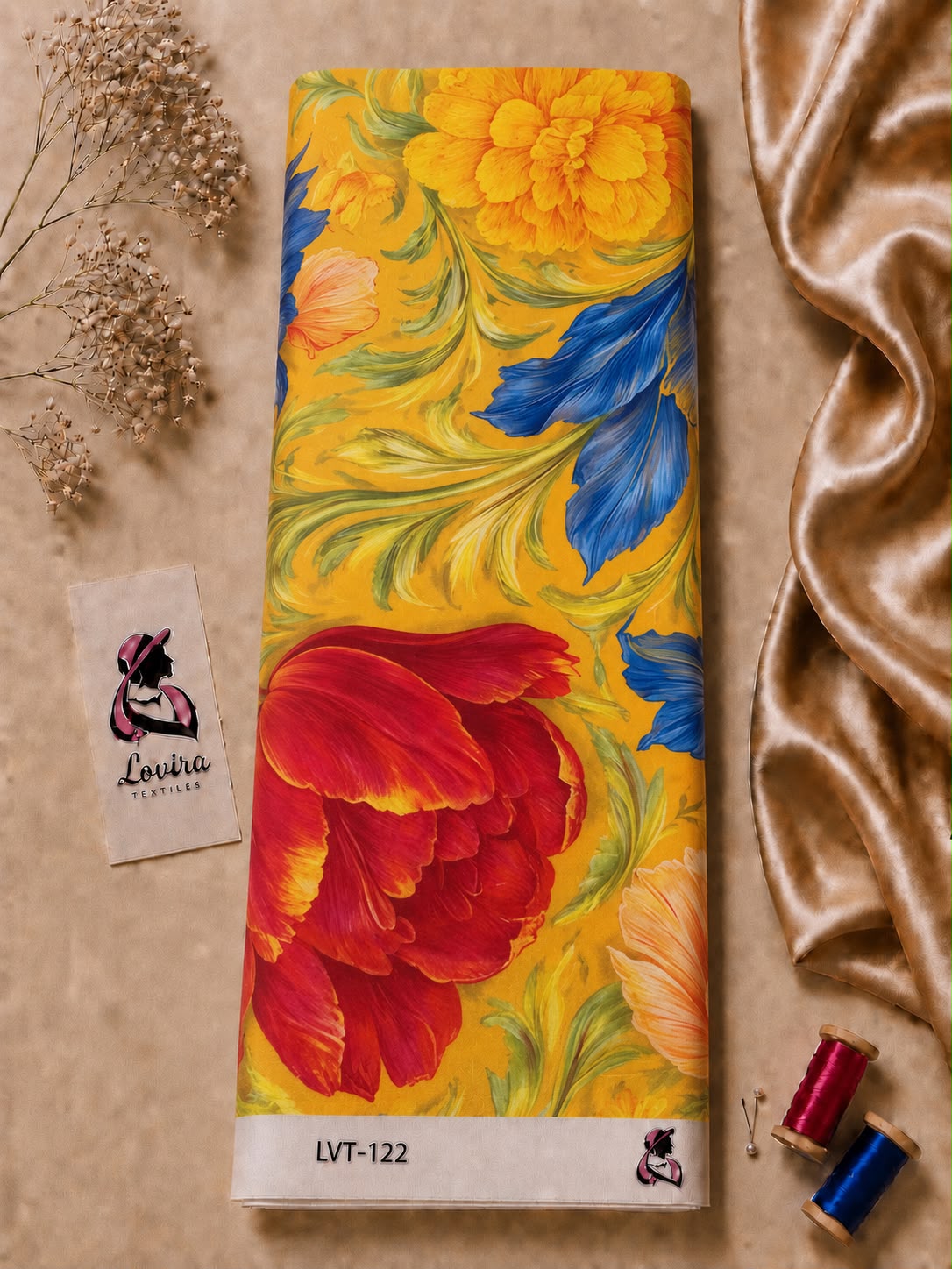 a59e215c-7736-4a42-8bf3-2c86d26176ad Bold oversized floral print with painterly blooms in rich red, blue, and golden yellow, accented by flowing green foliage on a warm yellow background-Italian Silk (ST01) - Image 1