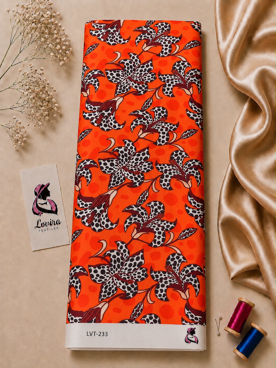 c06ef428-209a-4d9c-8f07-fb3e1111f81a Vibrant floral pattern with spotted petals and rich burgundy details on a bold orange background-Italian Silk (ST01) - Image 1