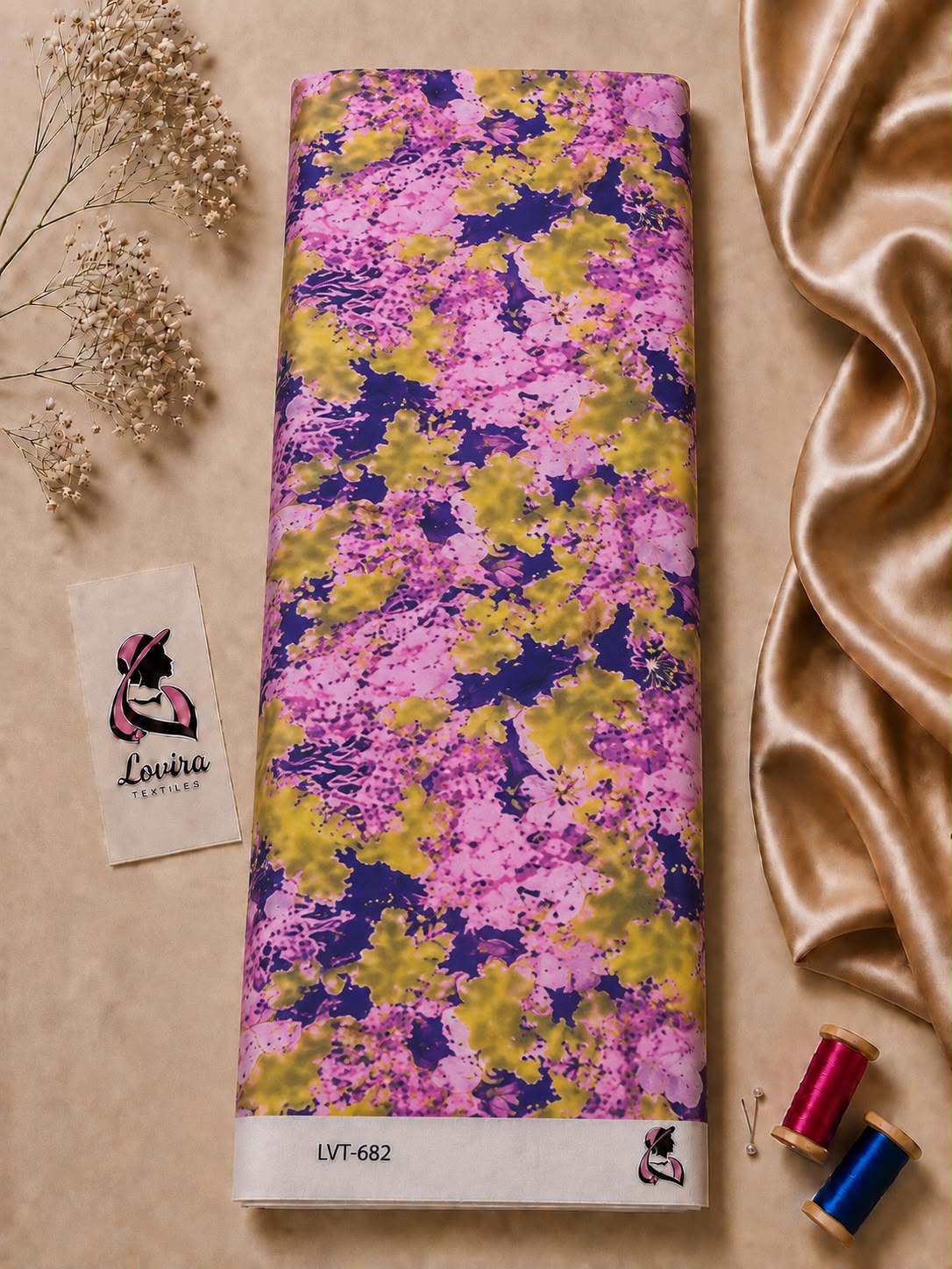 cdc1500b-4440-4236-a4de-915bdb269fdf Abstract floral print with vibrant pink, olive, and deep navy tones-Italian Silk (ST01) - Image 1