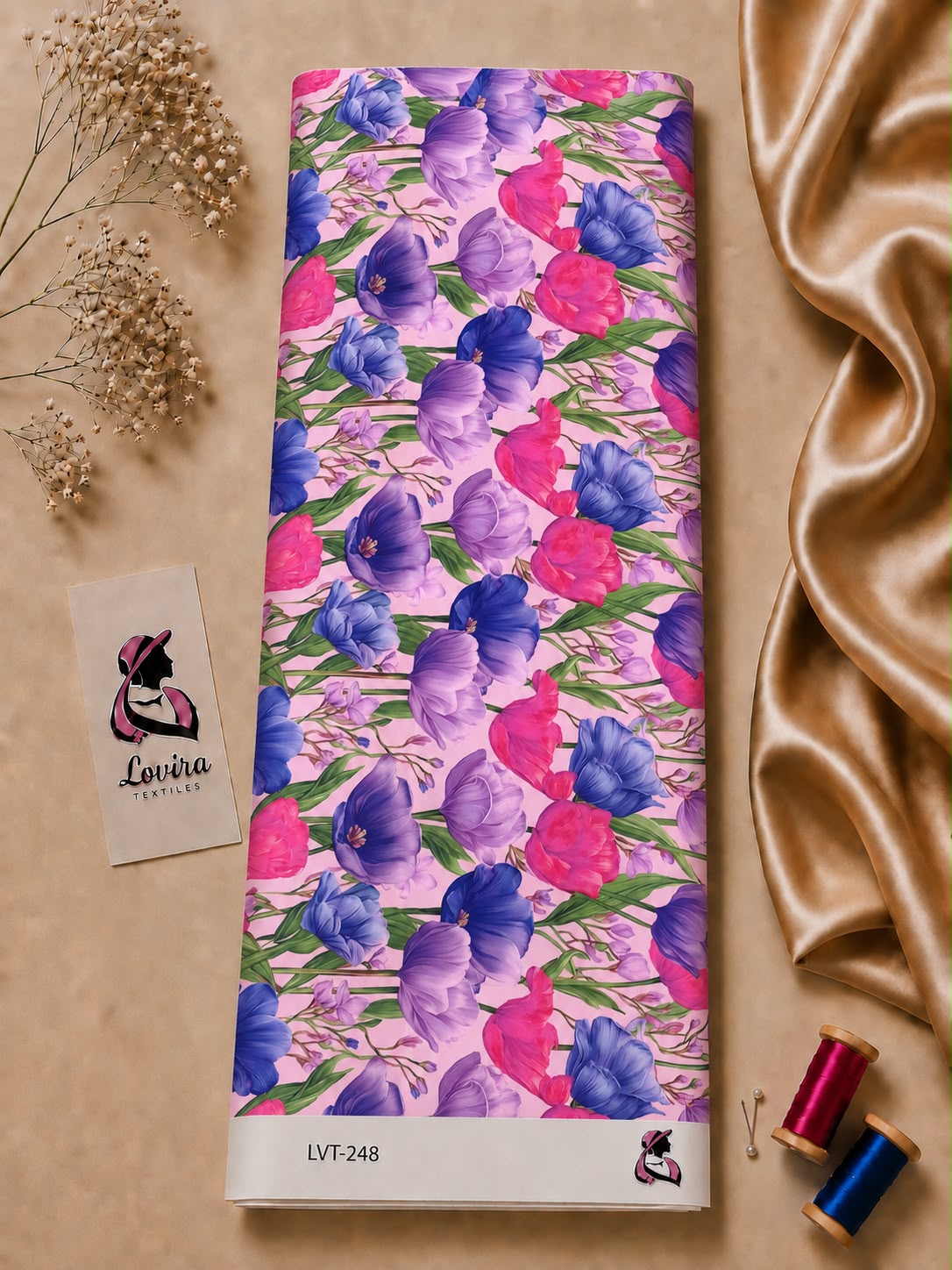 cf1a7c2b-d81b-493d-94a2-7626b21fc67d Vibrant floral print with bold pink, purple, and blue blooms-Italian Silk (ST01) - Image 1
