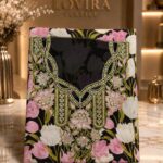 Ready-made embroidered silk fabric with a bold floral print and elegant embroidered neckline.(Italian Silk)