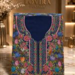 Ready-made embroidered cotton featuring a vibrant floral print with an ornate embroidered neckline and colorful floral accents.(Libirty Cotton)