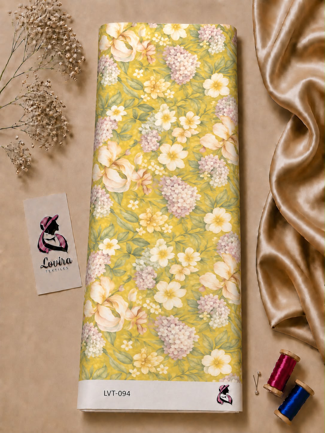 e599d513-ea3d-491f-8512-6fdecb70fdf3 Soft vintage floral print in warm yellow with delicate ivory blooms, blush hydrangeas, and muted green foliage-Italian Silk (ST01) - Image 1