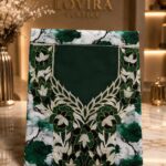 Ready-made embroidered Fabric featuring a botanical floral print with an elegant embroidered neckline and shimmering metallic accents.(Libirty Cotton)