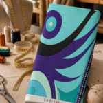Bold abstract print featuring flowing curved shapes and circular elements in turquoise, deep purple, black, and soft mint.